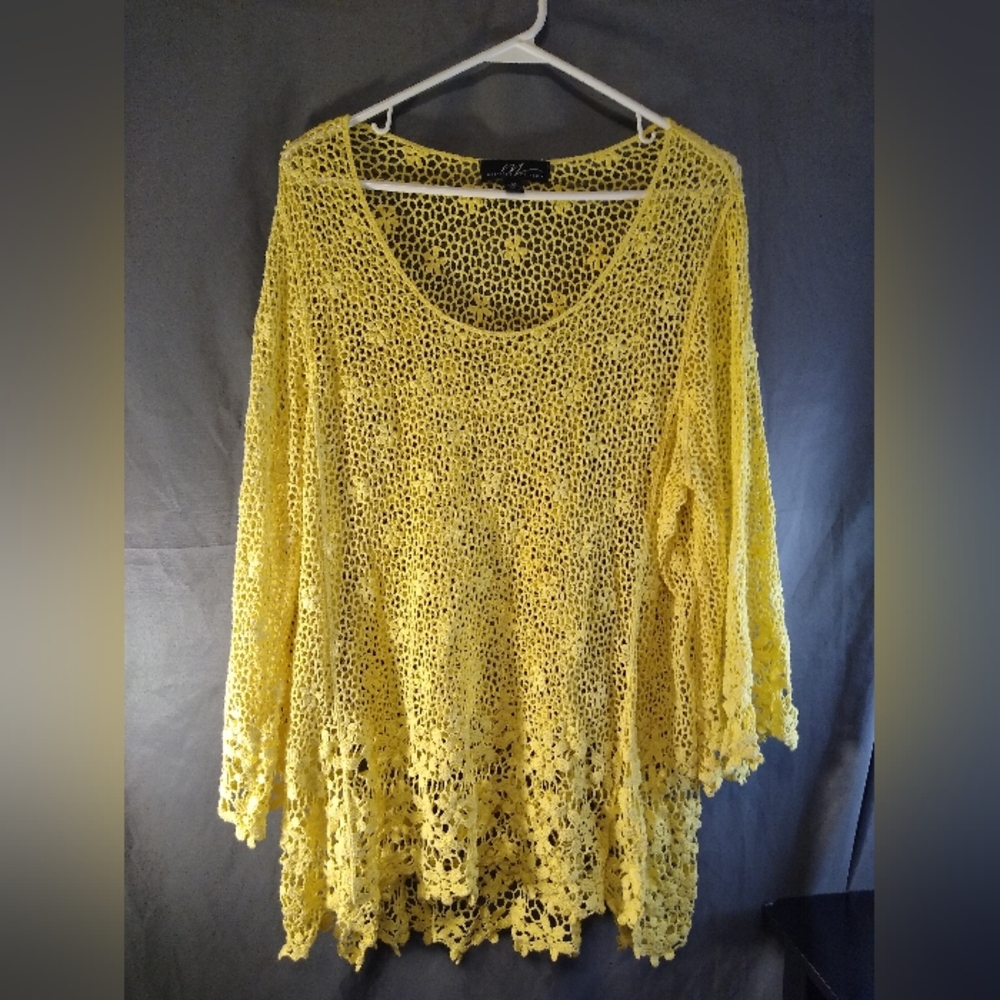 Midnight Velvet Bright Yellow Crochet Knit Cover Up Tunic